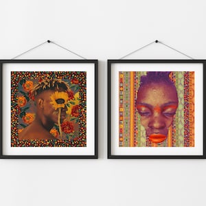 African woman & man square art print set of 2, floral abstract portrait boy wall art, pattern gallery wall decor bundle, unframed poster