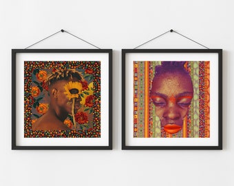 Ensemble de 2 impression d'art carré africain homme et femme, art mural floral portrait abstrait garçon, lot de décoration murale de galerie de motifs, affiche sans cadre