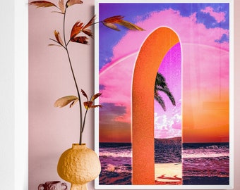 Portal vaporwave coastal decor, beach sunset pink poster, ocean sea palm tree art print, boho modern wall art, psychedelic multicoloured art
