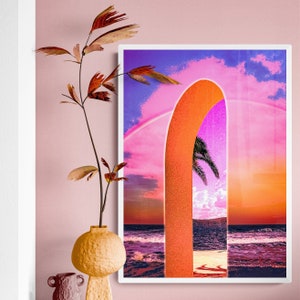 Portal vaporwave coastal decor, beach sunset pink poster, ocean sea palm tree art print, boho modern wall art, psychedelic multicoloured art