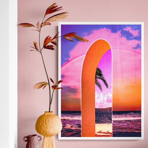 Portal vaporwave coastal decor, beach sunset pink poster, ocean sea palm tree art print, boho modern wall art, psychedelic multicoloured art