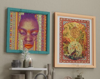 African queens zodiac pattern art print set of 2, square vertical giclée, vibrant afrocentric afro art bundle, vivid unframed poster