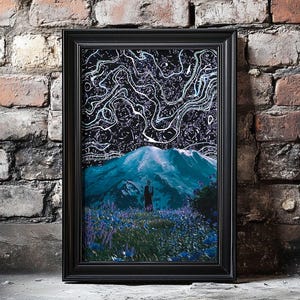 Surreal cosmic landscape print, trippy  night sky wall art, sci-fi fantasy mountain scene poster, retro-futuristic wall art, unframed decor