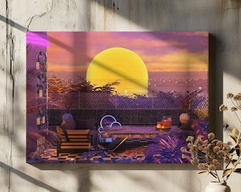 Retro futurism vaporwave sunset wall art, 80s synthwave retrowave poster, sunset ocean art print wall hanging, lofi aesthetics artwork