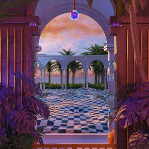 May include: A view through an archway of a checkered floor with palm trees and a blue sky in the background. The archway is made of pink and white stone and has a decorative light fixture hanging from the ceiling.