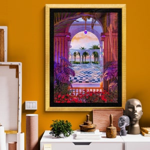 May include: A framed print of a digital painting depicting a checkered floor in a white archway with a view of palm trees and a sunset. The archway is surrounded by lush green foliage.