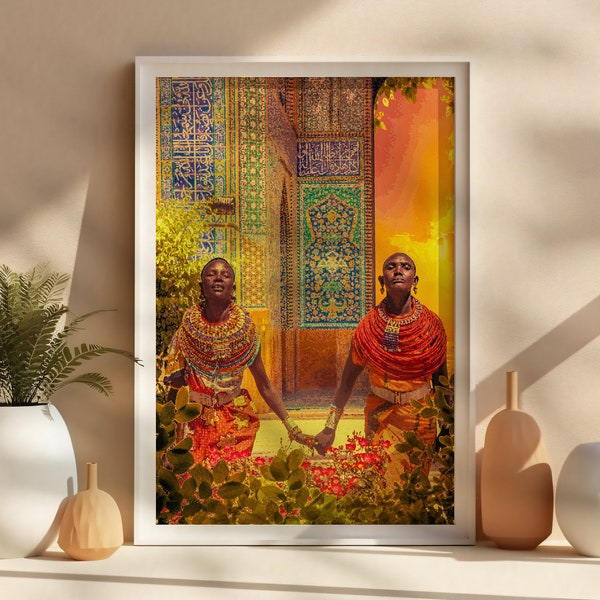 African art love romance, kenya maasai mara tribe poster, black love africa wall art, unframed giclée modern wall hanging