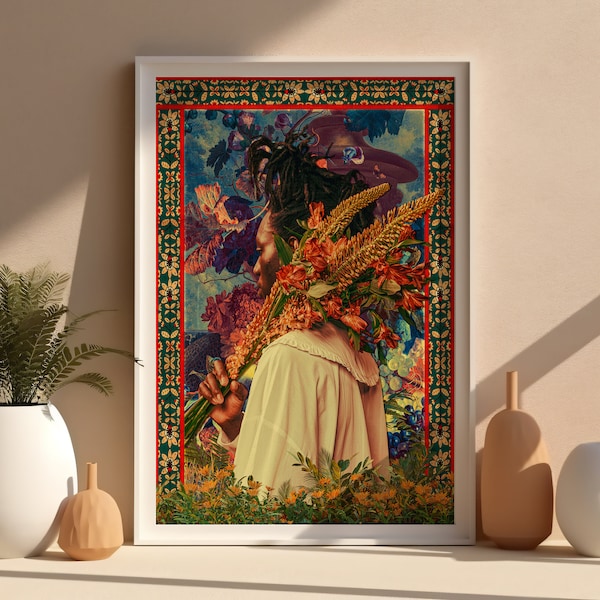 African eclectic collage portrait art print, unusual vibrant colourful wall hanging, modern afro ethnic giclée decor, maximalism unframed