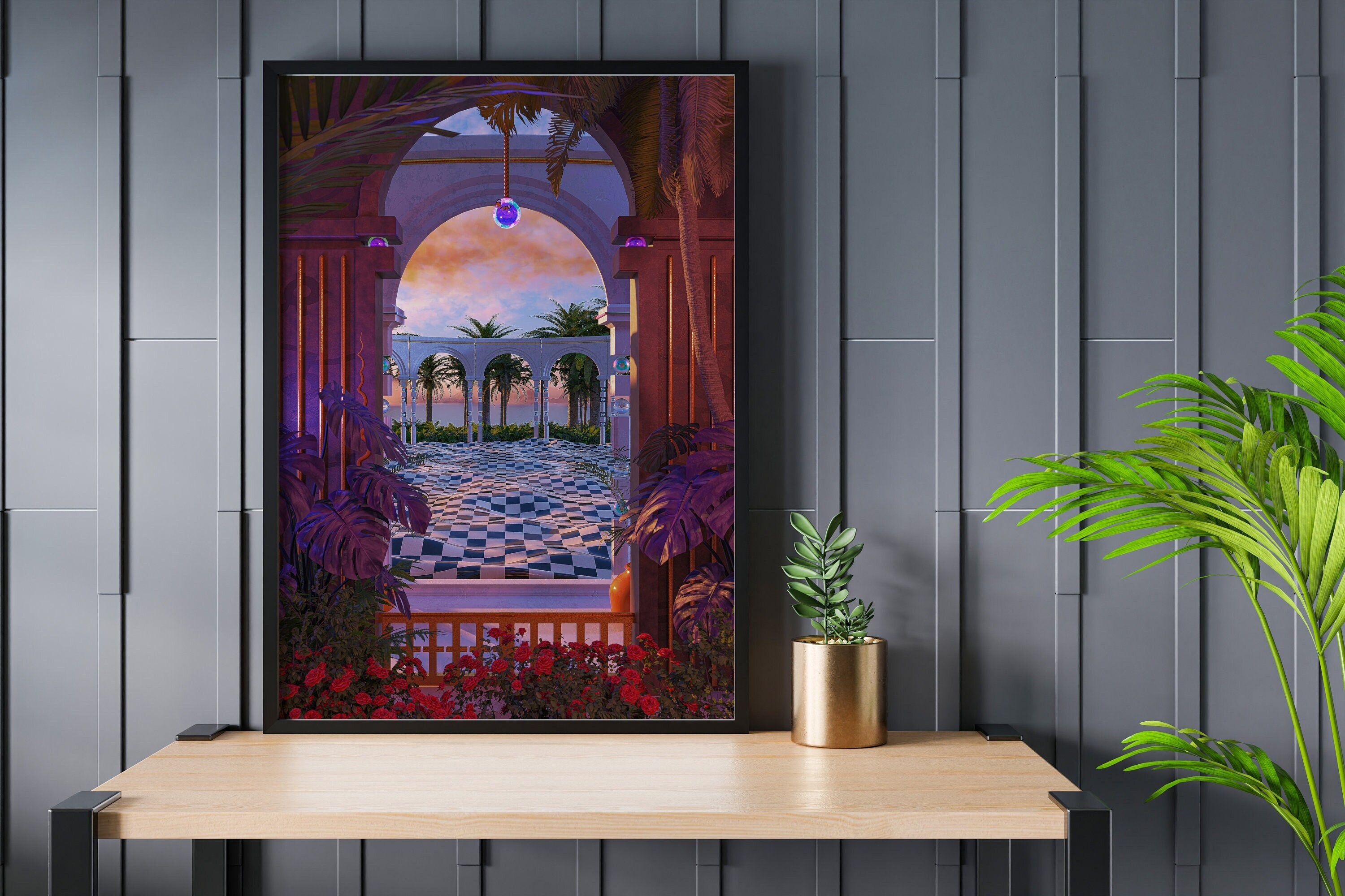 Vaporwave Palm Tree Art Print: Surreal Scenic Poster