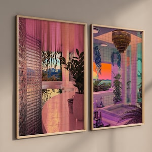 Retro vaporwave art print set of 2, 80s synthwave modern giclée prints, aesthetics japanese neon wall decor, retrowave poster