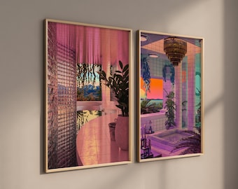 Lot de 2 impressions d'art rétro vaporwave, impressions giclées modernes synthwave des années 80, décoration murale esthétique japonaise au néon, affiche retrowave