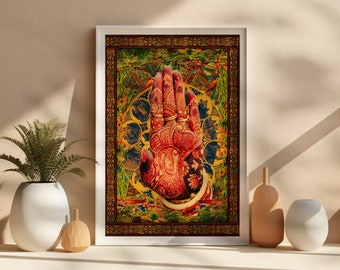 Henna eclectic ethnic buddha hand art print, hindu border vibrant wall art, ornate pattern collage poster, colourful flower tropical artwork