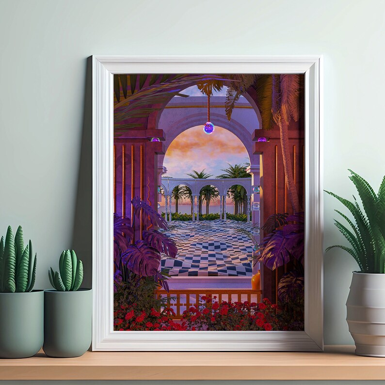May include: A framed print of a digital painting depicting a white archway leading to a checkered floor. The archway is surrounded by lush green foliage and a purple orb hangs from the ceiling.
