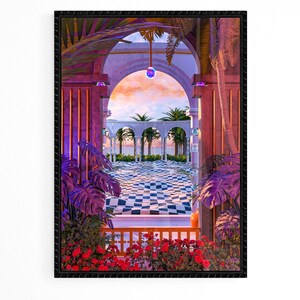 May include: A framed painting of a white archway with a checkered floor leading to a garden with palm trees. The archway is decorated with purple and blue orbs. The painting is framed in black.