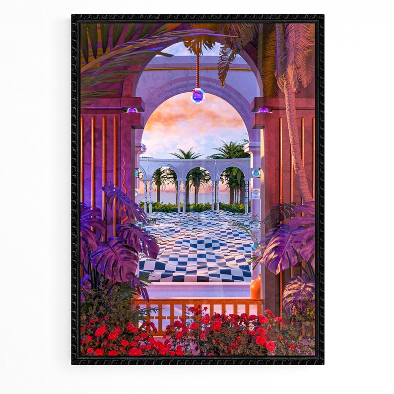 May include: A framed painting of a white archway with a checkered floor leading to a garden with palm trees. The archway is decorated with purple and blue orbs. The painting is framed in black.