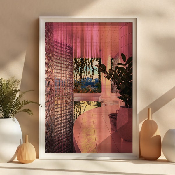 Vaporwave scenic aesthetic wall art, tropical palm tree wall hanging, vibrant ambiance interior pool poster, spa relaxation rustic view