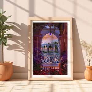 May include: A framed print of a digital painting depicting a view through an archway into a courtyard with a checkered floor, palm trees, and a purple light fixture hanging from the ceiling.