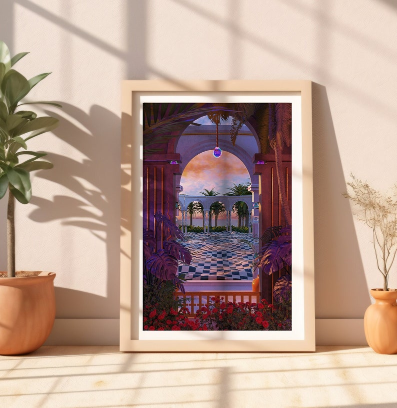 May include: A framed print of a digital painting depicting a view through an archway into a courtyard with a checkered floor, palm trees, and a purple light fixture hanging from the ceiling.