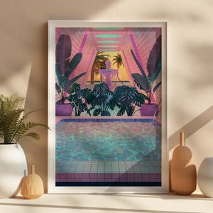 Vaporwave vibrant pool art print, colourful palm trees wall art, 80s aesthetic synthwave poster, eccentric eclectic giclée print, unframed