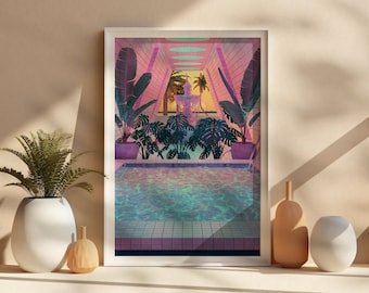 Vaporwave vibrant pool art print, colourful palm trees wall art, 80s aesthetic synthwave poster, eccentric eclectic giclée print, unframed