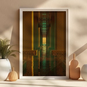 Arte murale surrealista con tunnel lacustre al coperto, poster di fantascienza su carta opaca, stampa artistica con vista panoramica futurista da fiaba, paesaggio senza cornice