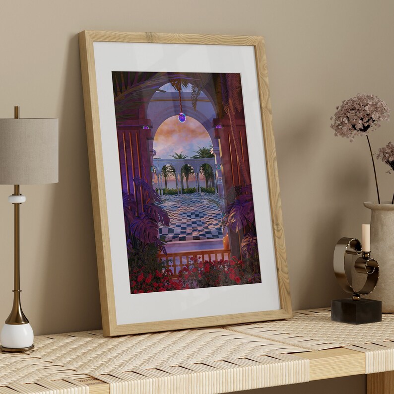 May include: A framed print of a digital illustration depicting a checkered floor in a courtyard with arches and palm trees. The courtyard is framed by lush greenery and a purple light shines from above.