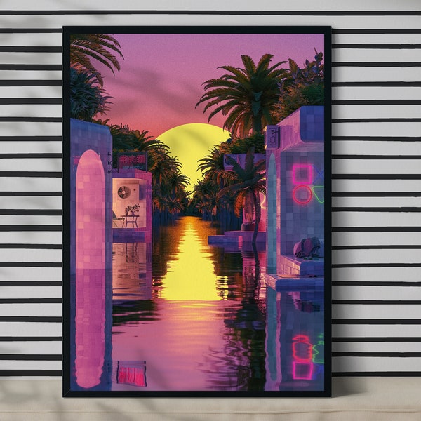Vaporwave village tropical art print, retro neon synthwave wall art, modern vibrant colourful poster, pink purple blue environment unframed
