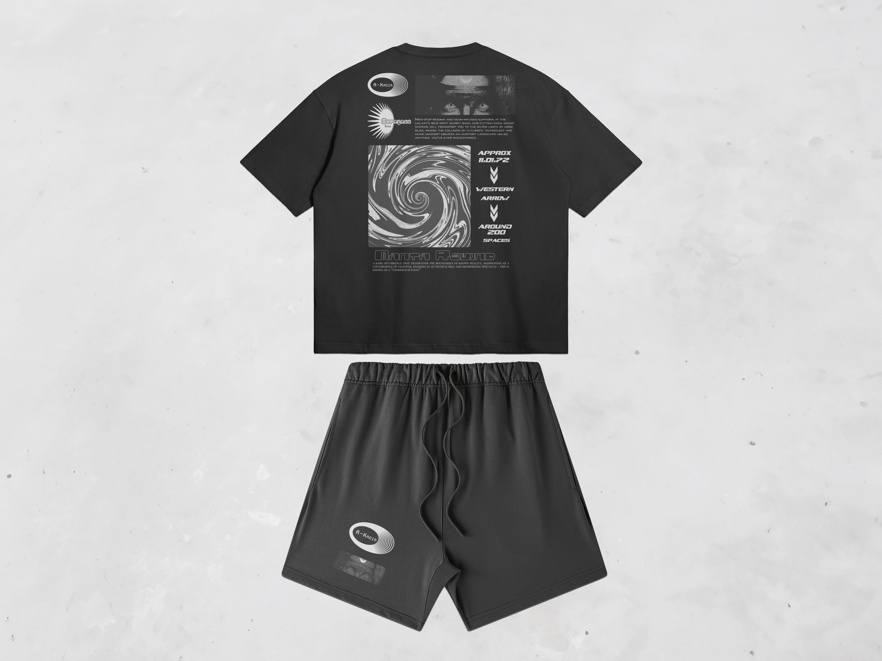 Mens fictional sci-fi music graphic design T-shirt & Shorts co ord, cyberpunk fesitval typography two piece set, rave jungle dnb 2pcs outfit