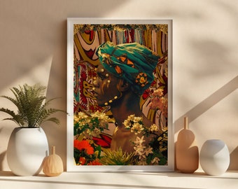 African black male portrait wall decor, abstract floral flowers nature collage art print, vivid vibrant model wall hanging, unframed