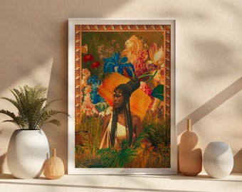 Afro futurism art print, nature modern art nouveau poster, african queen collage decor, colourful vibrant vivid giclée print, unframed