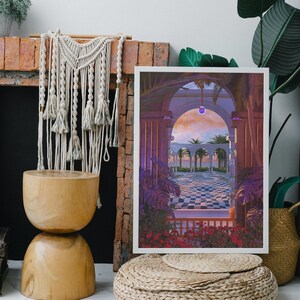 May include: A framed print of a digital illustration depicting a checkered floor and a series of arches leading to a sunset. The arches are lined with lush green foliage and the floor is surrounded by a white railing.