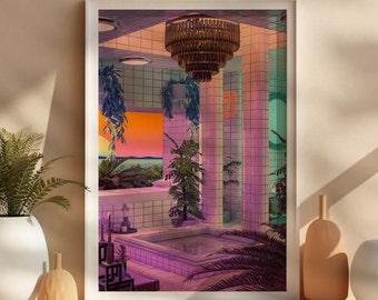 Vaporwave aesthetic wall art, pool plants synthwave decor, japanese neon pink purple blue picture, unframed portrait modern wall decor