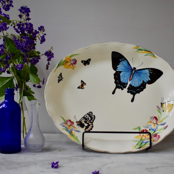 Vintage Ceramic Serving Platter Upcycled with Butterfly Decals