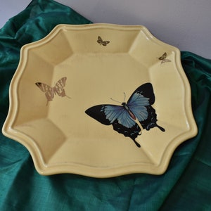 Large Yellow Serving Plate Upcycled with Butterfly Decals