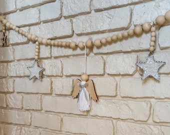 Wooden bead garland with Guardian angel and Star ornament, Star garland, Garland for mantle, Garland for nursery, Garland wall hanging