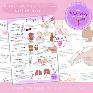 May include: A colourful illustrated guide for student midwives, featuring vital signs for newborns. The guide includes illustrations of a baby's heart, lungs, and a hand holding a pulse oximeter. The text includes terms like 'pulse/heart rate', 'oxygen saturation', 'temperature', and 'respirations'.