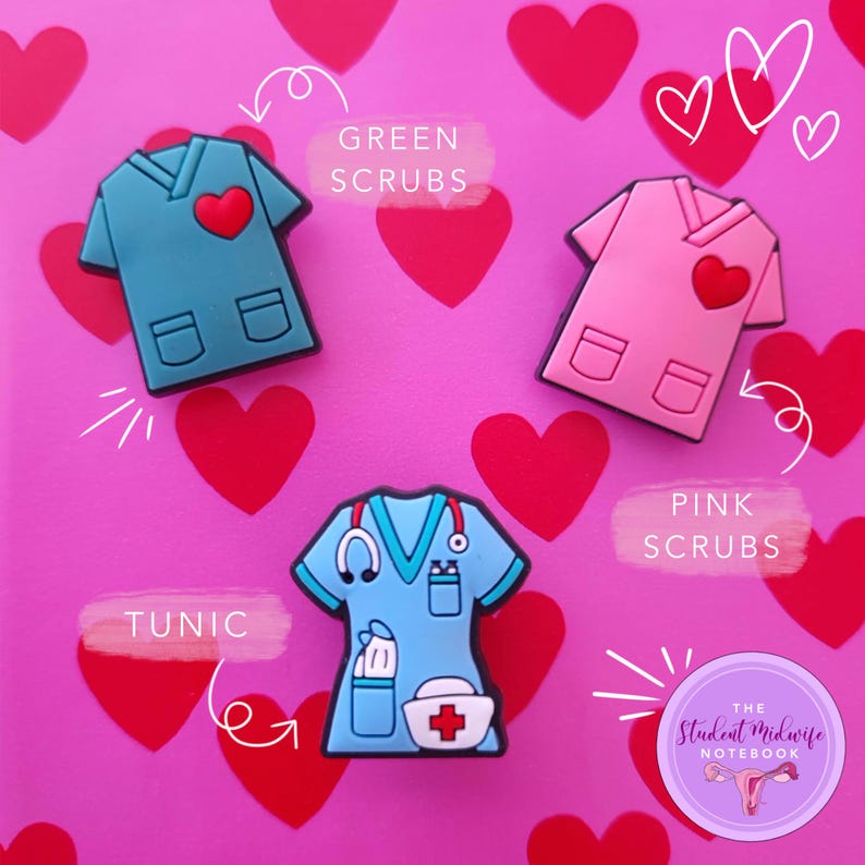 May include: Three colorful scrubs charms with a heart on the pocket. The charms are on a pink background with hearts. The text "GREEN SCRUBS", "PINK SCRUBS", and "TUNIC" are written on the image. The text "THE STUDENT MIDWIFE NOTEBOOK" is written in a circle with a uterus symbol.