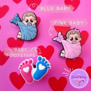 May include: Blue and pink baby shoe charms with the text "BLUE BABY", "PINK BABY", and "BABY FOOTSTEPS".