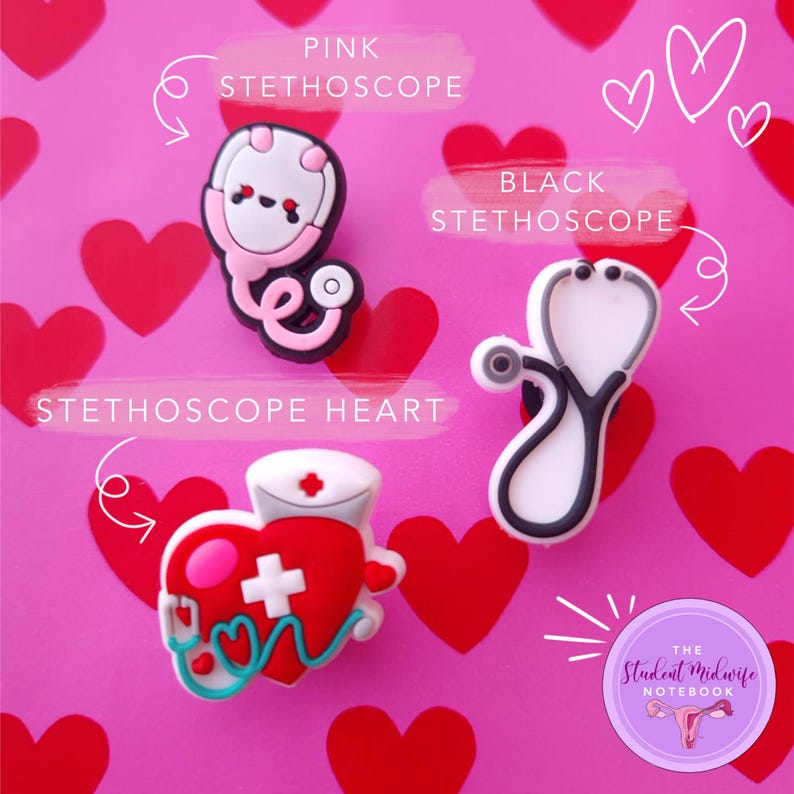 May include: Three colorful charms featuring a pink stethoscope, a black stethoscope, and a red heart with a stethoscope and a nurse's cap. The charms are on a pink background with white hearts.