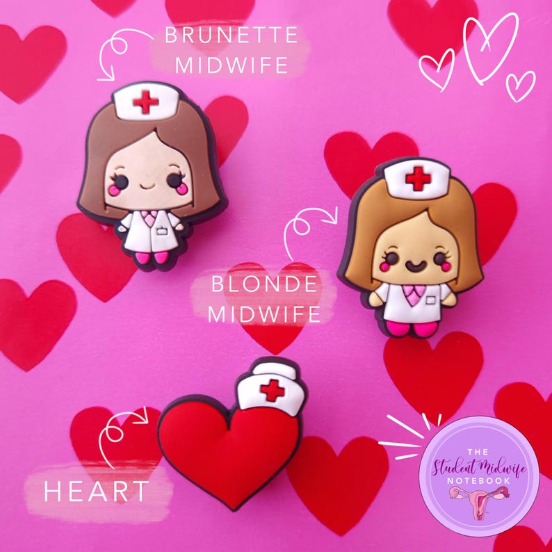 May include: Three colorful cartoon character charms with a red heart charm. The characters are a brunette midwife, a blonde midwife, and a heart with a nurse's hat. The charms are on a pink background with red hearts. The text "The Student Midwife Notebook" is in a circle with a pink uterus symbol.
