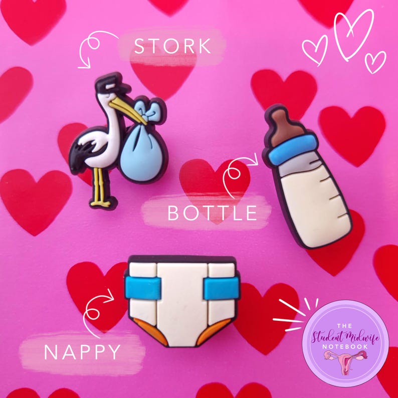 May include: A pink background with hearts and three baby-related icons: a stork carrying a baby, a baby bottle, and a diaper. The text "STORK", "BOTTLE", and "NAPPY" are written below each icon. The text "THE STUDENT MIDWIFE NOTEBOOK" is written in a circle with a uterus symbol.