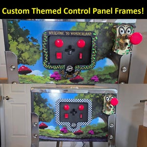 May include: Custom themed control panel frames with an Alice in Wonderland theme. The panels feature red buttons, a black control area, and an owl-shaped knob. The top panel has a forest scene, while the bottom has a checkered pattern.