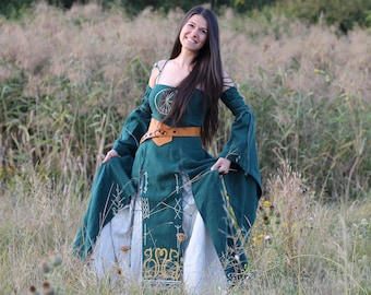 LADY of the LAKE |medieval Renaissance Faire Elf Fantasy Satin Cotton Wide Dress  Gown With Long Embroidered Flowy Sleeves, Back Lacing, LARP - Etsy