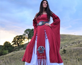 Abito pagano ERENAY, 100% lino, rosso norreno pagano, abito Ren Faire, abbigliamento vichingo, abito pagano, abito fantasy, abito vichingo