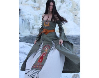RAINA Medieval Linen Dress with Custom Embroidery- Fantasy Celtic Wedding Dress