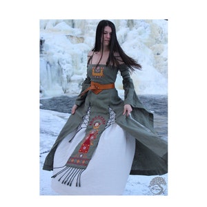 RAINA Medieval Linen Dress with Custom Embroidery- Fantasy Celtic Wedding Dress