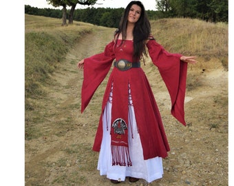 ERENAY Ren Faire Costume, 100% Linen, Ren Faire Dress, Red Pagan Dress, Ren faire costume, Fairy costume women, Fantasy clothing, Fantasy