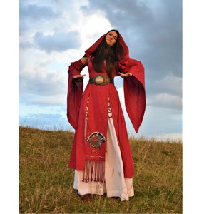 ERENAY Red Viking Dress with Cape, 100% Linen, Viking Cloak Dress, Pagan Dress