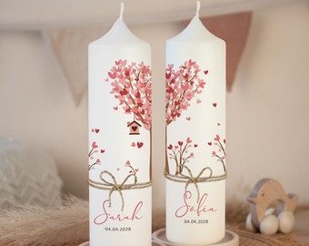 Baptism candle set twins tree hearts with jute ribbon (2 candles)