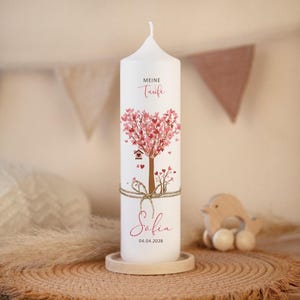 Taufkerze Baum Herzen mit Juteband für Mädchen + Jungen